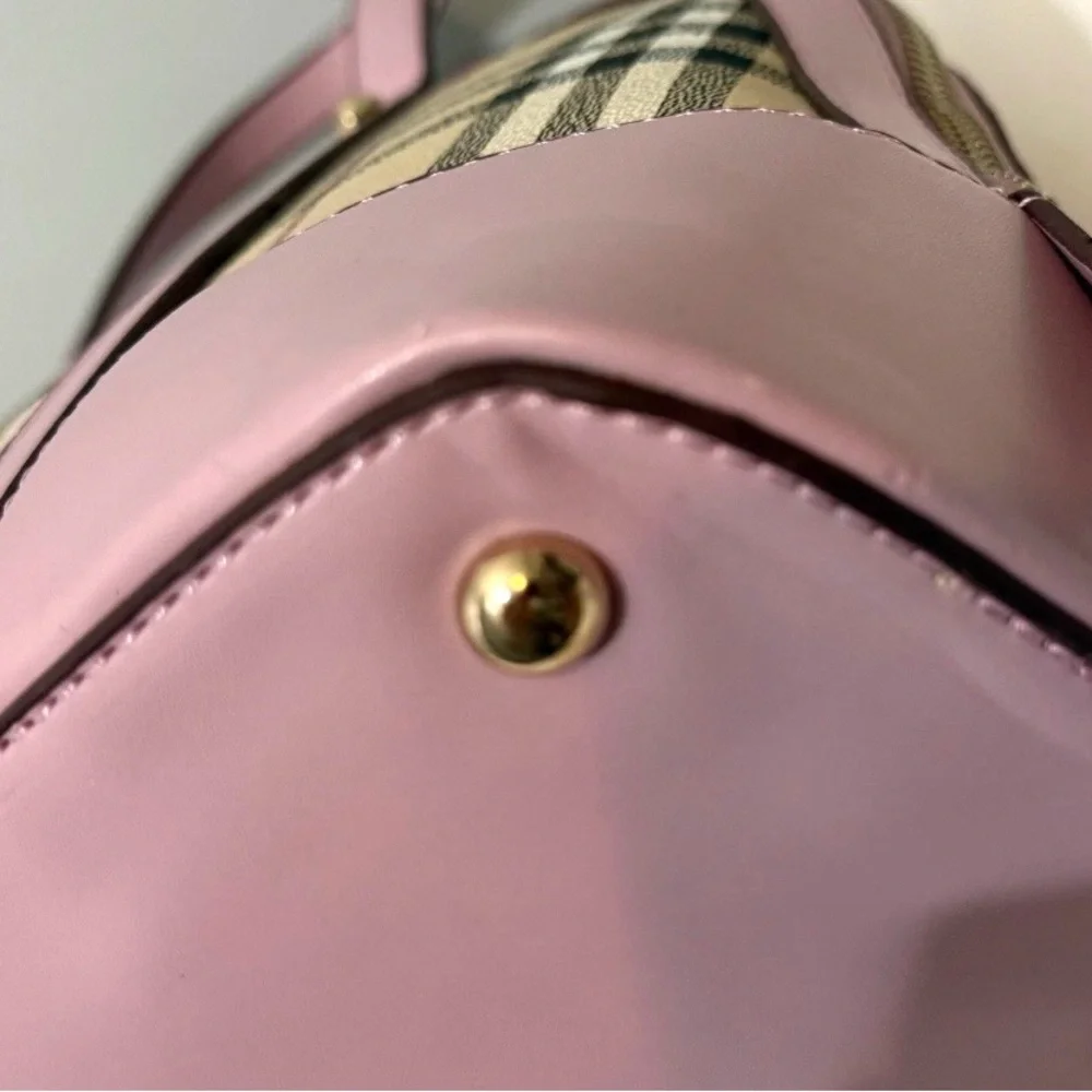 Plaid Dome Satchel Shoulder Bag Coated Canvas Pink Faux Leather Trim